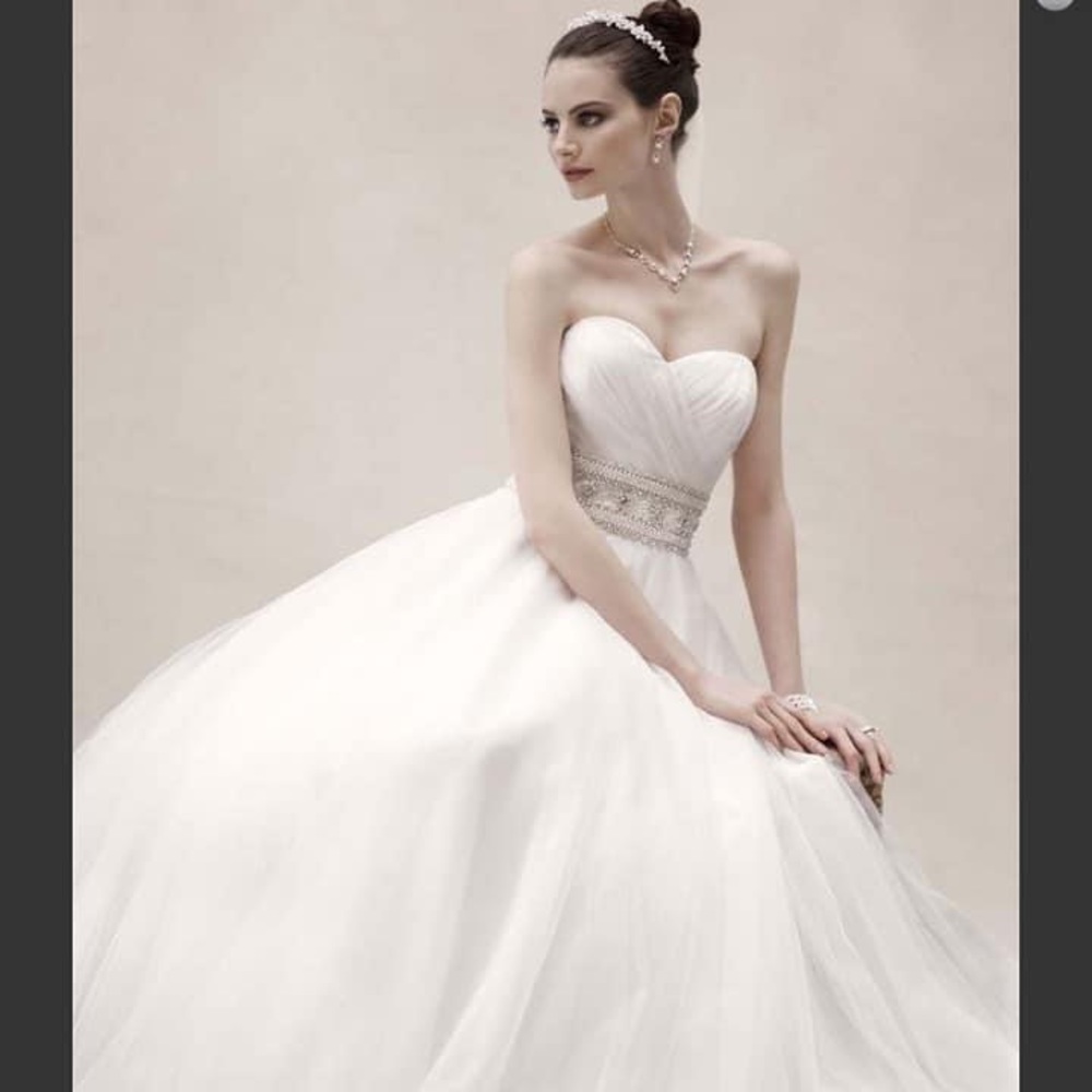 A ivory a line wedding dress made of tulle with silver heading around the waist
